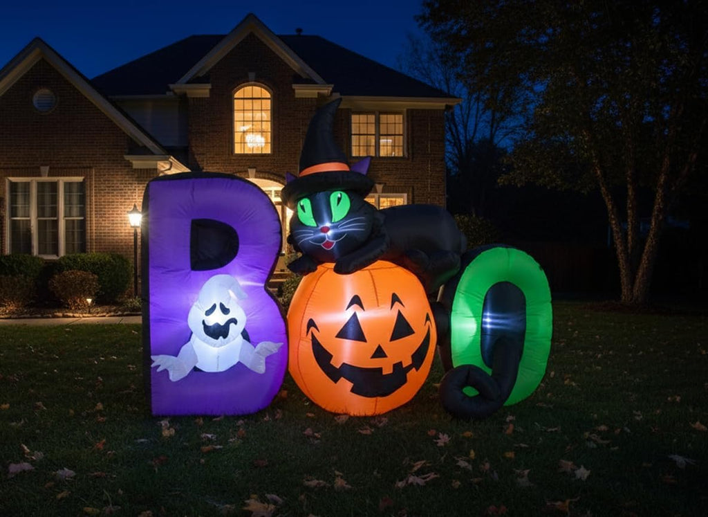 6 ft long lighted halloween inflatable black cat, close-up detail
