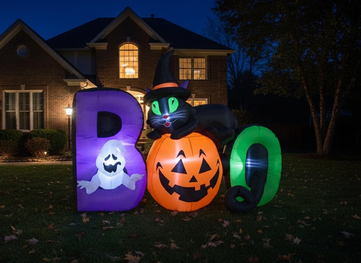 6 ft long lighted halloween inflatable black cat, close-up detail