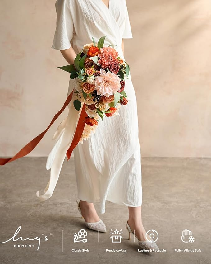 Ling's moment Terracotta Bridal Bouquet Cascading, Orange Wedding Bouquets for Bride, 13 Inch Bride Bouquets for Wedding Artificial Flowers Bouquets