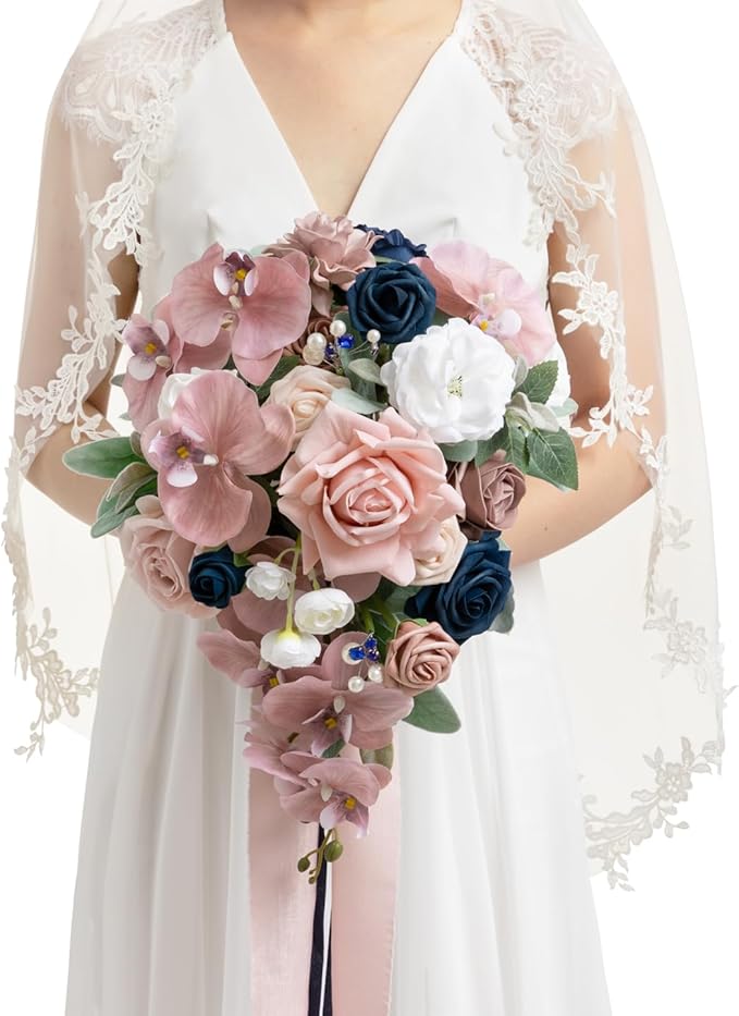 Ling's moment Pink Blue Bridal Bouquet Cascading, Dusty Rose Navy Wedding Bouquets for Bride, 13 Inch Bride Artificial Flowers Bouquets