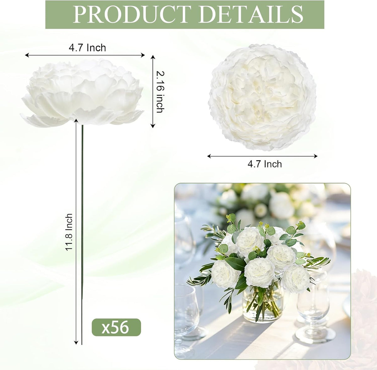 56 Pcs Peonies Artificial Flowers Bulk, 4.7’’ Fake Peonies - White