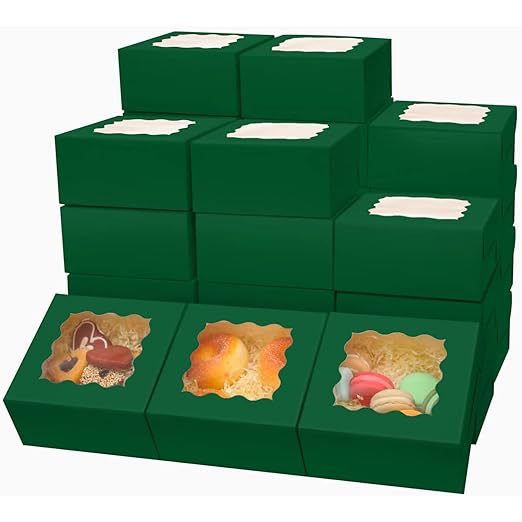 Bakepacker 60pcs Deep Green Bakery Boxes with Window 6x6x3 inches Thick & Sturdy Macaroon Pastry Boxes Cookie Boxes for Bakerys