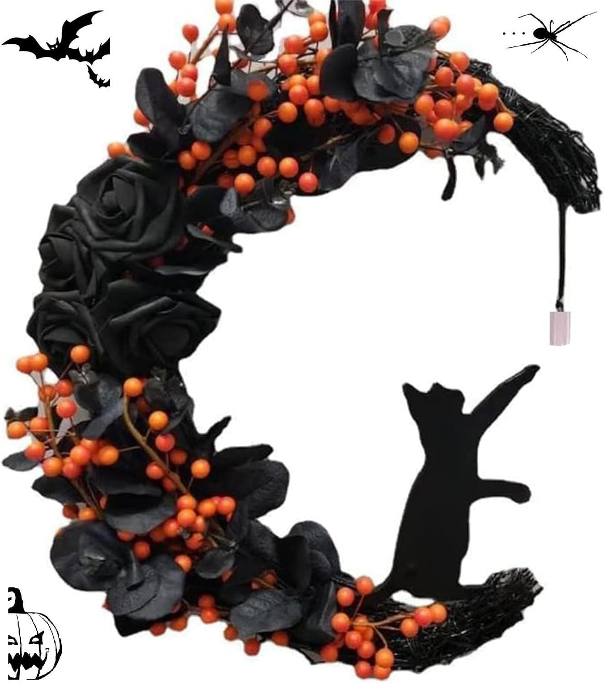 Orange Halloween Wreath with Lights, Crescent Moon Cat Door Wreath