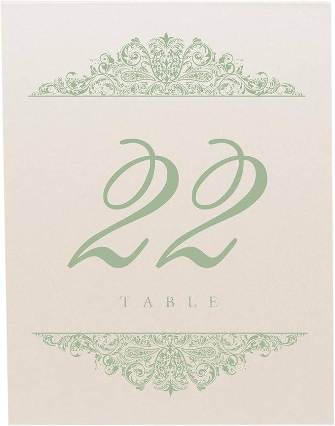 Paisley Wedding Table Numbers (Select Color/Quantity), Champagne, Sage, 1-175, Double Sided, Tent or Use in a Stand, Great for Parties & Restaurants - Made in the USA