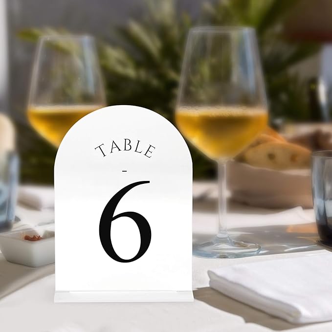 JOYIT Arch Wedding Table Numbers 1-50 with Stands – Double-Sided Printed 5" X 7" Acrylic Signs with White Background and Black Text, Perfect for Wedding Receptions, Parties, Anniversaries, and Events
