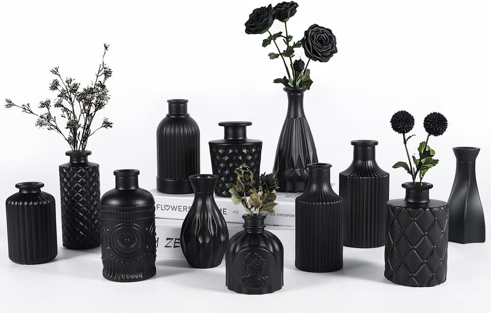 TBWIND 12 Pcs Black Glass Bud Vase Set, Small Vases for Flowers
