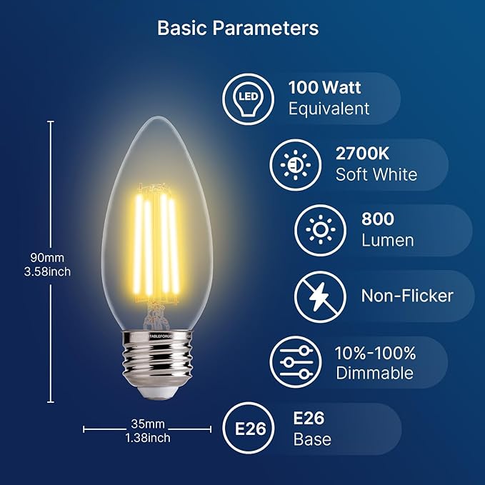 FLSNT 100W Equivalent LED Candelabra Bulbs, 800LM Dimmable LED Chandelier Light Bulbs, 2700K Soft White, E26 Base, 12 Pack UL,CA65 Listed.