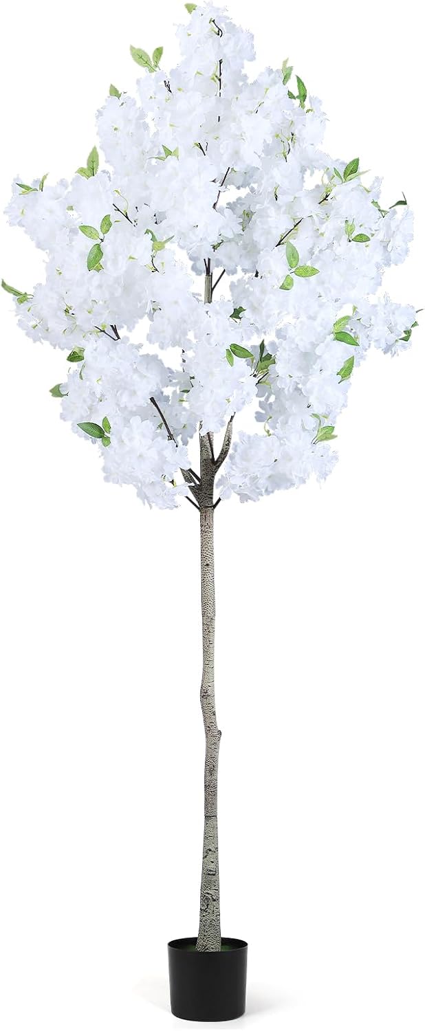 Artificial Cherry Blossom Tree Fake Plants Faux White Sakura Flowers, 6FT