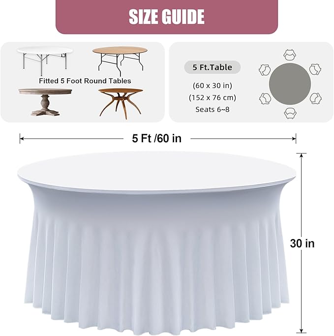 2 pk White Round Spandex Tablecloth for 60in Tables, Wrinkle Free Stretchy 120inch Fitted 5FT Table Cloths Round Table Covers with Skirt for Wedding Party Dining Banquet Events