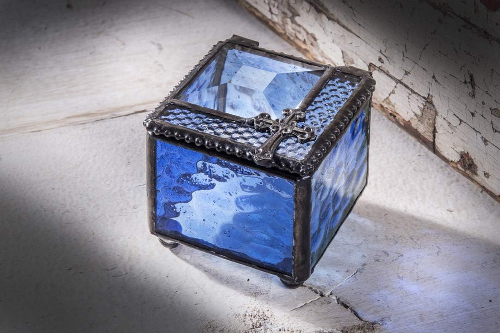 J Devlin Blue Glass Cross Keepsake Box, Rosary and Jewelry Storage