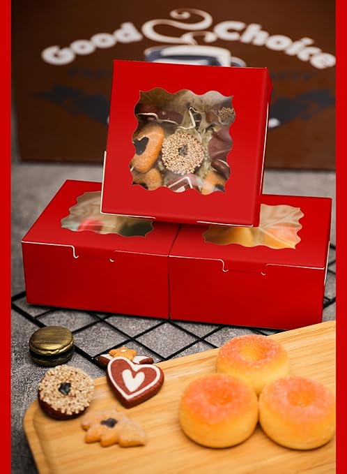 Bakepacker 60pcs Red Bakery Boxes with Window 6x6x3 inches Thick & Cookie Boxes & Sturdy Macaroon Pastry