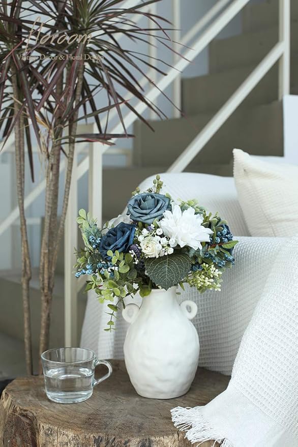 Floroom Artificial Flowers 50pcs Real Looking Dusty Blue Foam Fake Roses with Stems for DIY Wedding Bouquets Bridal Shower Centerpieces Floral Arrangements Party Tables Home Decorations
