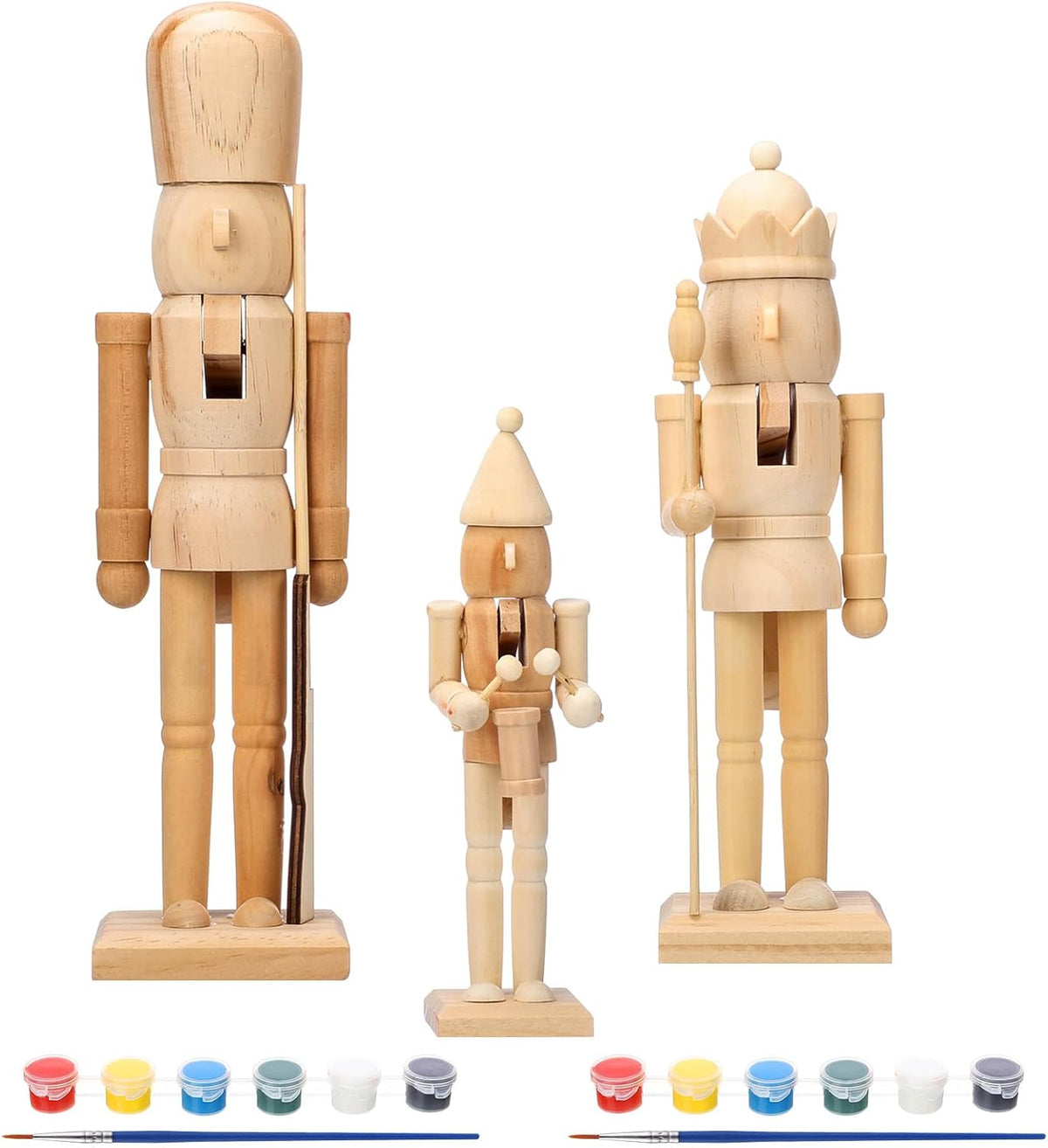 Vercraft 3 Set Unfinished Nutcracker Wooden Unpainted Nutcrackers Christmas Plain Paint Your Own Nutcracker Figurines Craft Kit Ornaments with Paint and Brush for Xmas Holiday Decoration