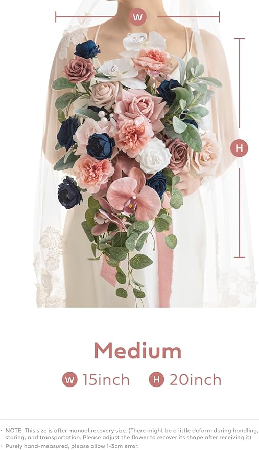 Ling's moment Dusty Rose Navy Blue Bridal Bouquet Cascading, Pink and Blue Wedding Bouquets for Bride, 15 Inch Silk Artificial Wedding Flower Bouquet
