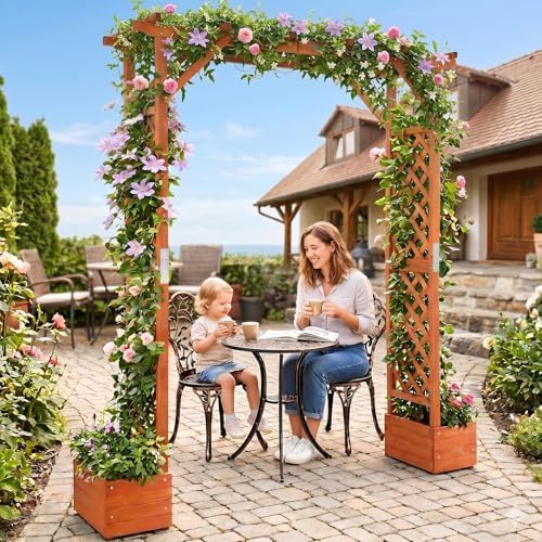 VINGLI Wooden Garden Arbor with Planter, Wedding Arch for Ceremony, Wood Garden Arbour Trellis for Plant Climbing, Pergola for Garden Backyard, Lawn, Outdoor (Golden Brown)