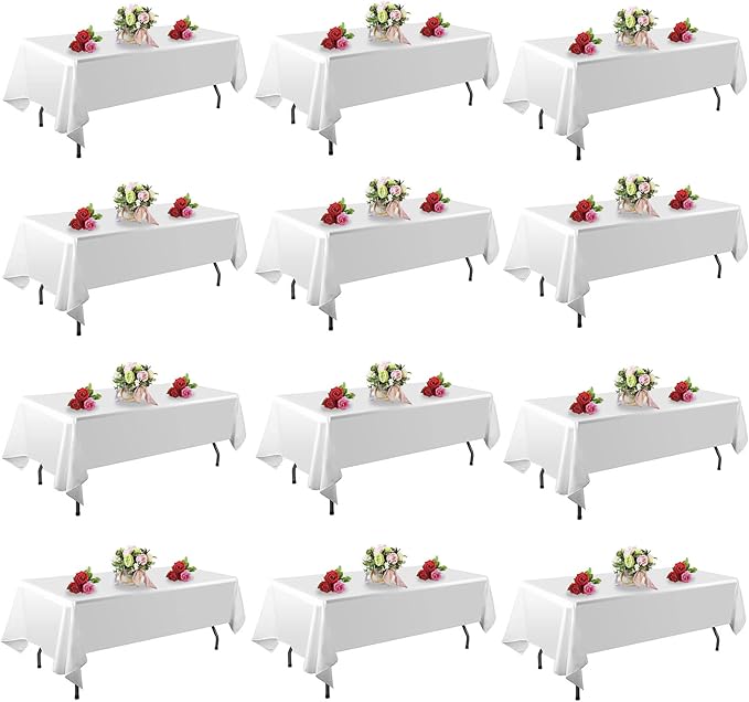 12 Pack White Table Cloth Rectangle Table 60 x 102 Inch Tablecloths for 6 Foot Rectangle Tables. Stain and Winkle Resistant Polyester Washable White Cloths for Parties