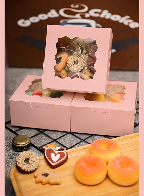 Bakepacker Pink Bakery Boxes with Window 6x6x3 inches Thick & Sturdy Macaroon Pastry Boxes Cookie Boxes for Bakerys（60-Packs）