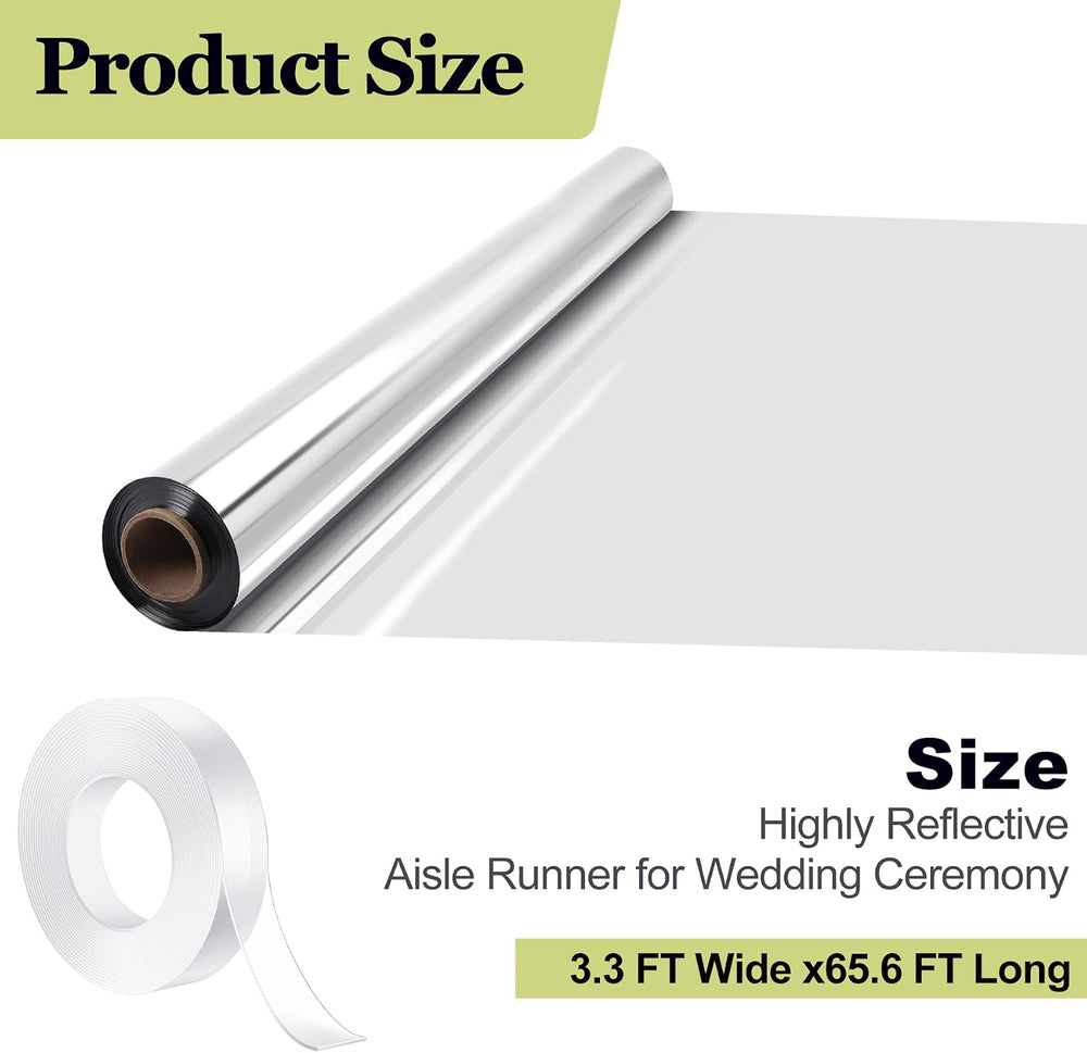 3.3ft x 65.6ft Mirror Rug Aisle Runner for Wedding,Double Sided Bright Reflec...