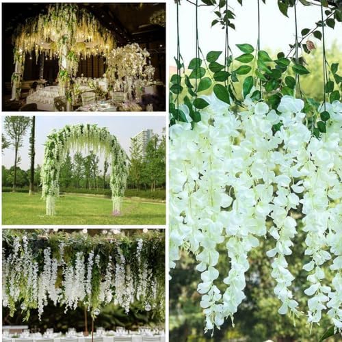 Artificial Wisteria Hanging Flowers Fake Wisteria Flower Garland Silk Vines Rattan Decor for Home Wedding Arch Wall Garden Greenery Bedroom Outdoor Office Party Decoration (36, White)