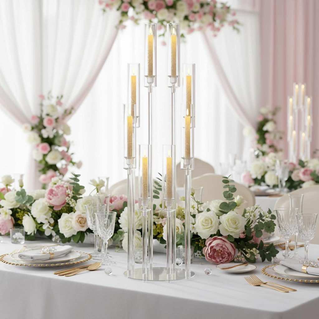 16PCS 8 Arm Acrylic Candelabra Centerpieces for Tables,Clear Candlestick Holders Decor Wedding Centerpiece with Shade for Anniversary Party Brithday candelabros para centros de mesa
