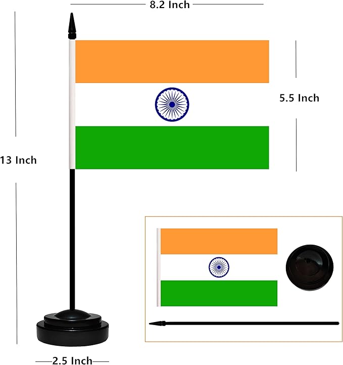 12 Pack India Desk Flags Set, Indian Small Mini Table Office Flags with 12" Solid Black Pole, 8.2 x 5.5 Inches, Home and Office Decoration, Festival Celebrations