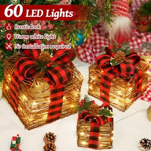 LAWOHO Set of 3 Christmas Lighted Gift Boxes,Rustic Rattan Light Up Present Boxes with Bows,Battery&USB Operated LED Xmas Gift Boxes for Christmas Decorations Holiday Ornaments Indoor Outdoor Decor