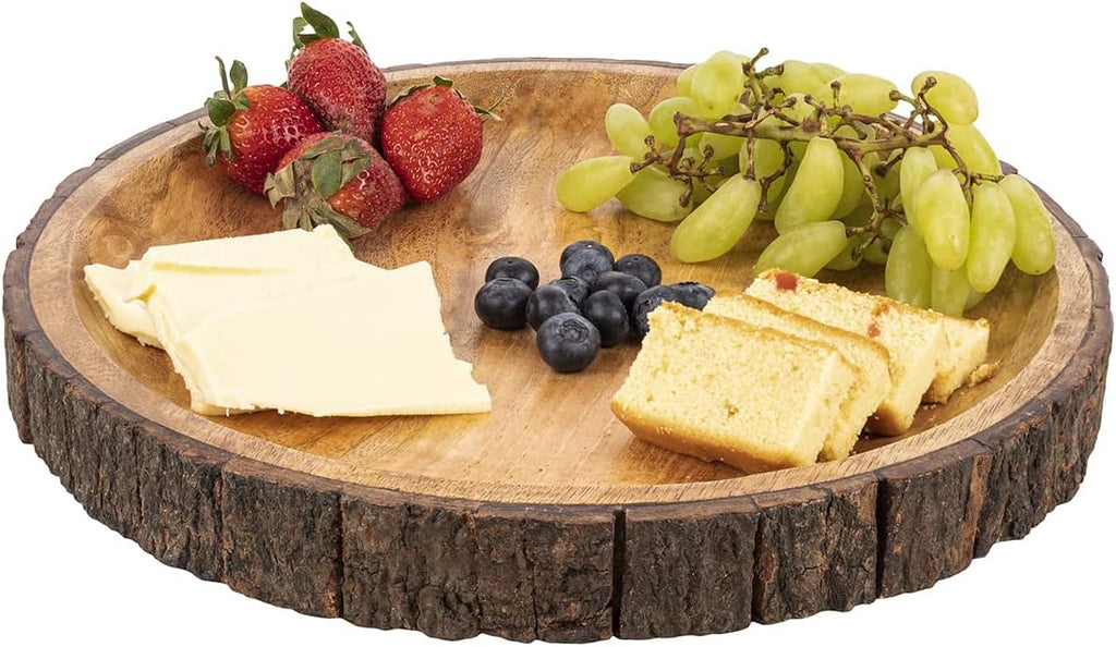 gocraft round wooden serving platter with tree bark shown in use