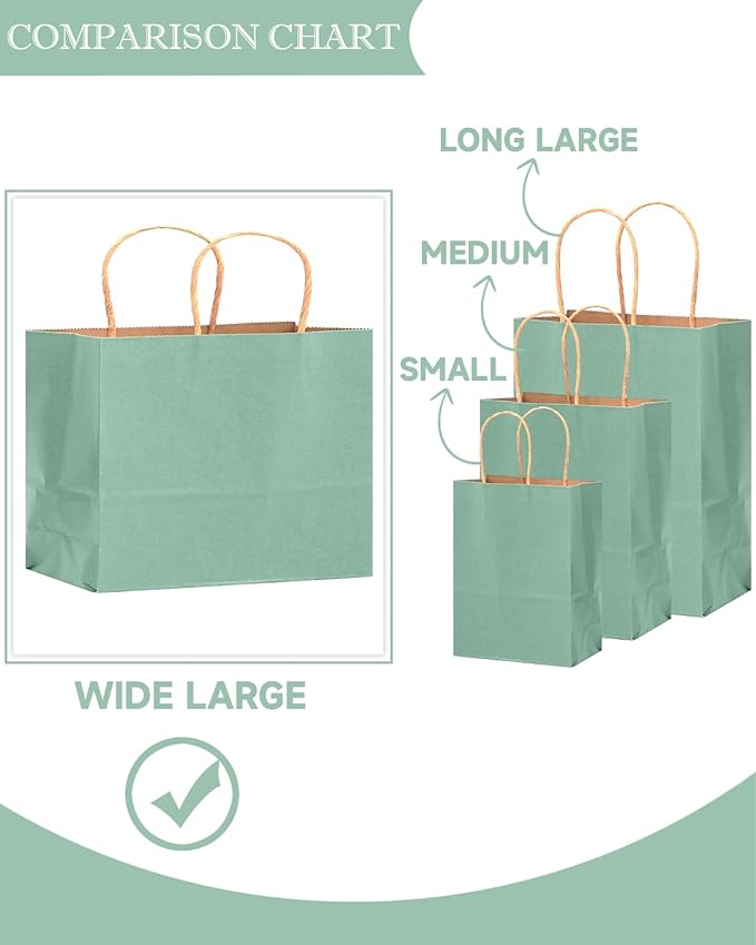 qiqee 100PCS Large Gift Bag with Handles Bulk 13"x4.5"x10" Gift Bags Kraft Light Blue Multiple Uses (32x11x25cm,Wide Large)