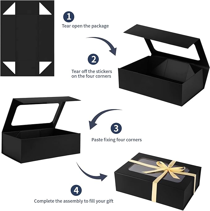 Black Large Gift Boxes with Window, 13.5"x9"x4.3" Bridesmaid Boxe for Gift Giving,Birthday Gift Box with Magnetic,Closure Lid Gift Boxes for Presents,Cute Boxe,Luxury for Gift Packaging,Gift Box for Wrapping Gifts