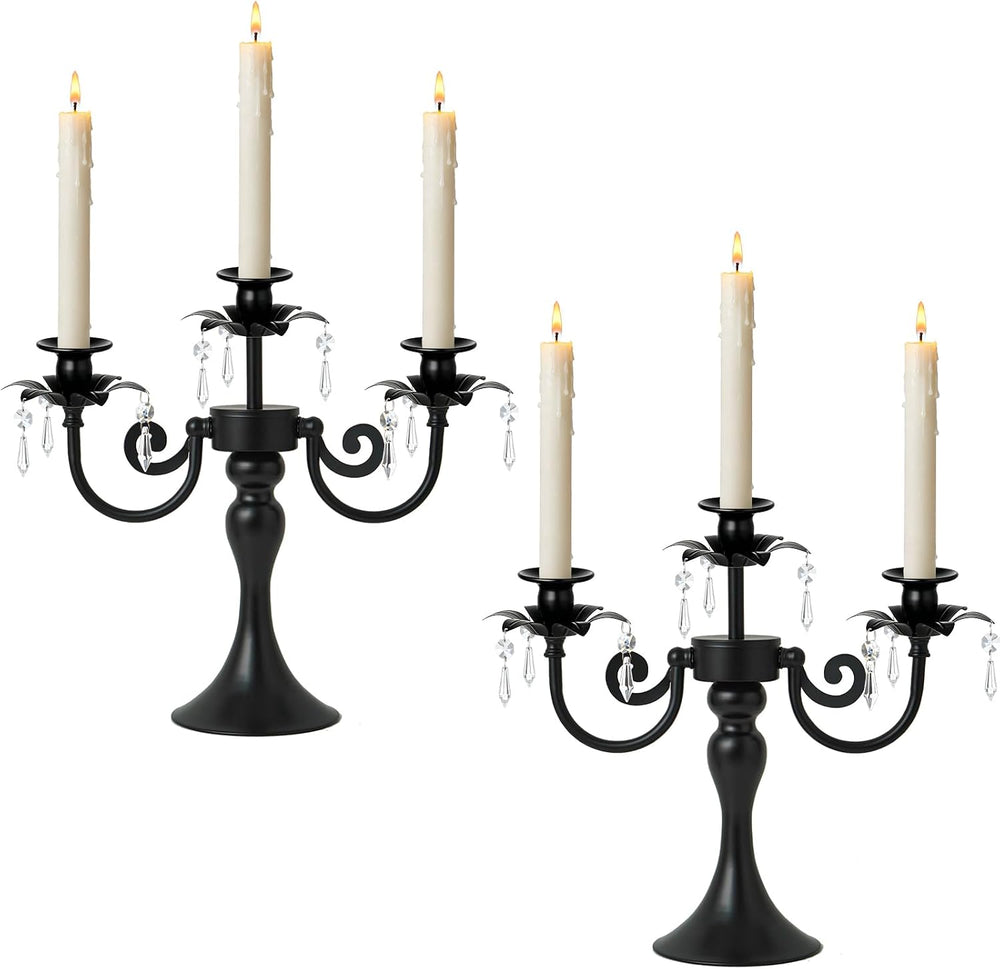 Metal 3 Arm Candelabra with Crystal Pendants - 11.8 Inch Tall Candle Holders,...