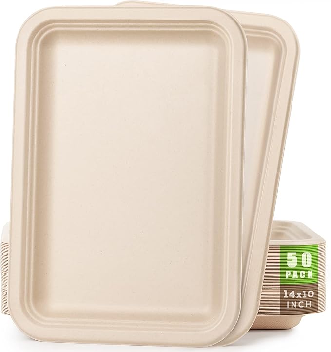 Gezond 50 Pack 14 Inch Disposable Food Trays Eco-friendly Heavy-Duty Large Paper Plates Compostable Sugarcane Platters for Crawfish Lobster Seafood Party Natural