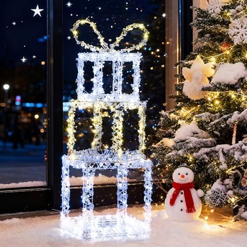 Tangkula Set of 3 Stacked Lighted Gift Boxes, Pre-Lit Box