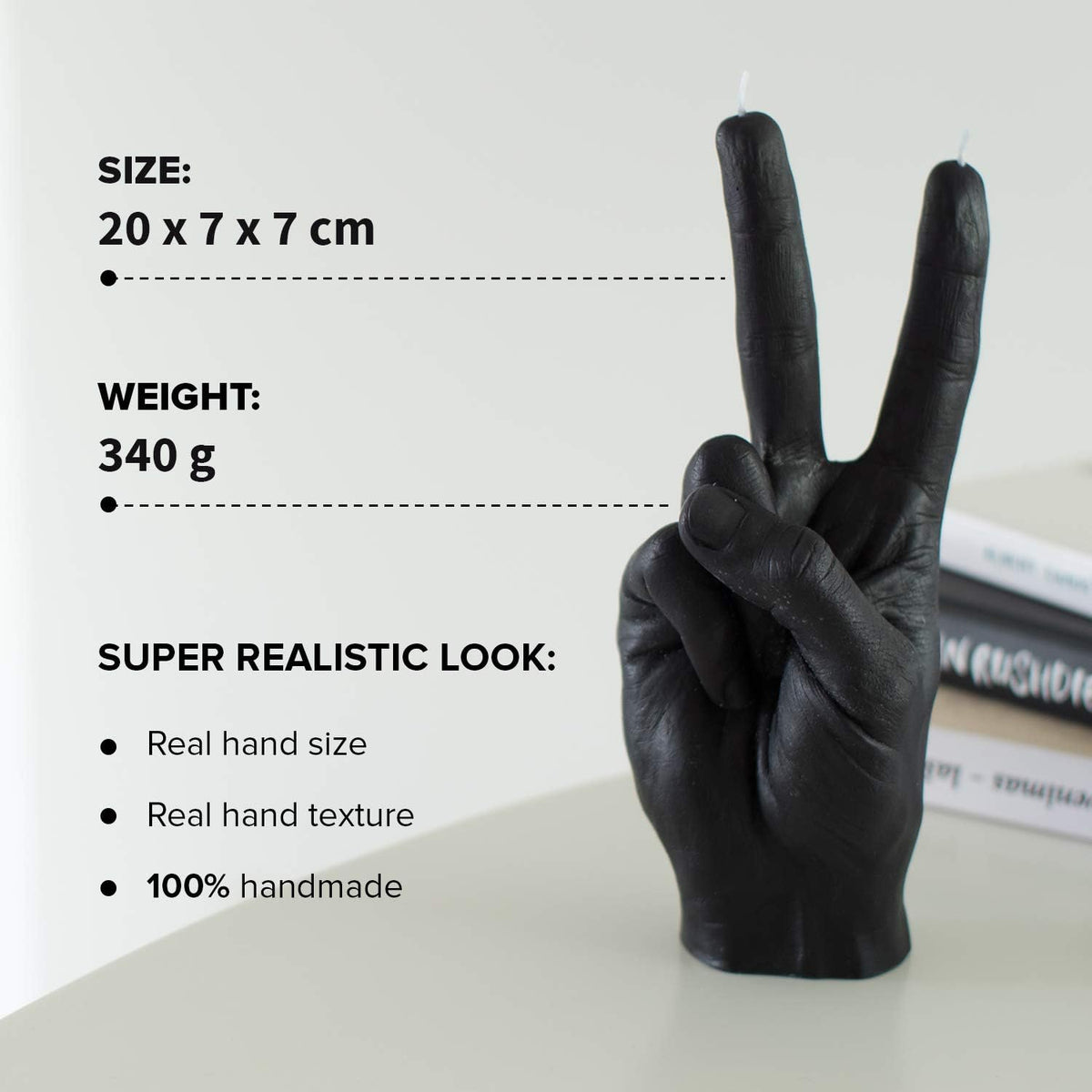 Hand Gesture Candle Peace Sign - Big Real Hand Size 6.7 x 4.3 x 2.4 inches - Handmade Winner Statue - Birthday, Office, Housewarming Gift (Black)