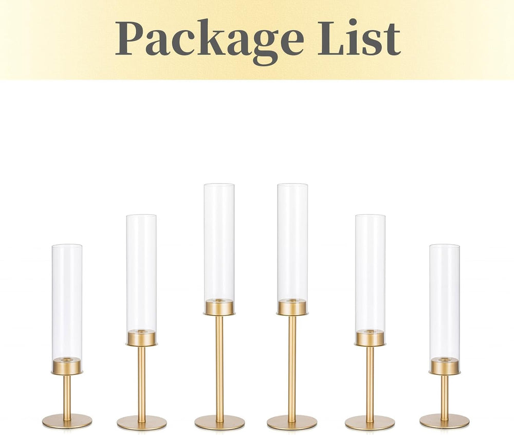 Hewory Gold Candlestick Holders: 6PCS Glass Hurricane with Brass Base