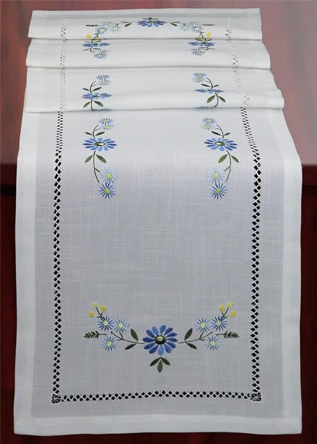 Creative Linens Hemstitch Embroidered Daisy Flower Table Runner 15x70 Dresser Scarf White Blue Rectangular