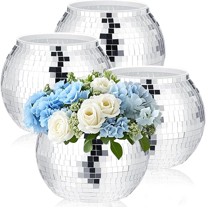4 Pcs Disco Ball Vases,Plastic Disco Ball Centerpieces 6" X 6.7" Disco Ball Decor Silver Mirror Disco Ball Planter Can Be Used for Wedding Centerpieces,Birthday,Office