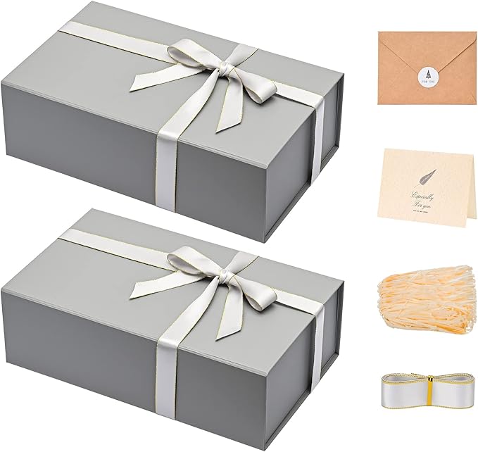 LIFELUM 2 Pack Large Gift Boxes with Lids,13.85 x 8.35 x 4.45 inch Gift Box Rectangle Collapsible Box Groomsmen Gift Boxes with Ribbon, Card, Shredded Paper Filler Gift Boxes for Presents