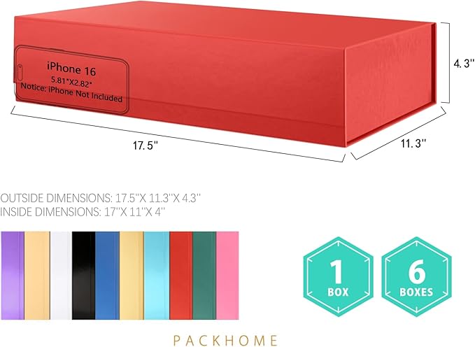 PACKHOME 6 Extra Large Gift Boxes 17.5x11.3x4.3 Inches, Sturdy Shirt Boxes with Magnetic Lids for Clothes and Large Gifts (Glossy Red)