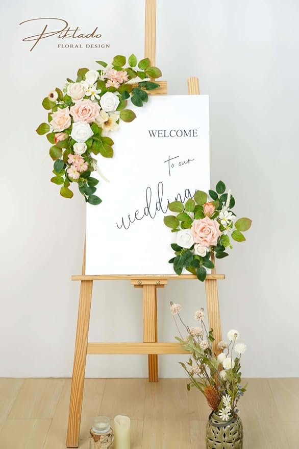 Wedding decor (pack of 2) Welcome Sign Flower Backdrop Garland For Ceremony Reception Wall Easel Home Decoration Entryway Faux Outdoor Board Head Table Decor (Flesh Pink & White)