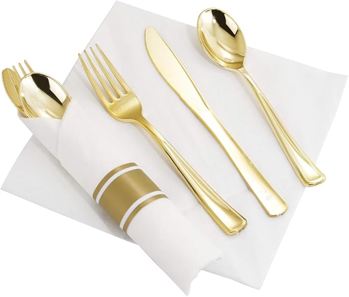 Supernal 60 Pack Pre Rolled Napkins with Gold Plastic Silverware, Premium Disposable Gold Wrapped Cutlery Set Includes: 60 Forks 60 Knives 60 Spoons 60 Napkin for Party