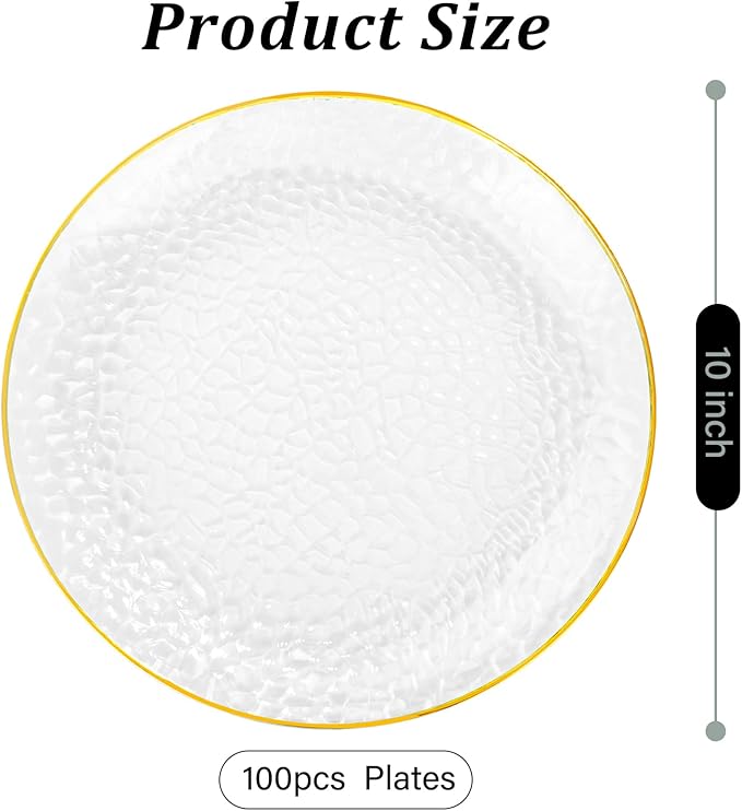 Rubtlamp 100 Pcs Gold Plastic Plates - 10 inch Clear Gold Dinner Plates - Hammer Pattern Design - Fancy Disposable Plate - Heavy Duty Party Plate Ideal for Wedding