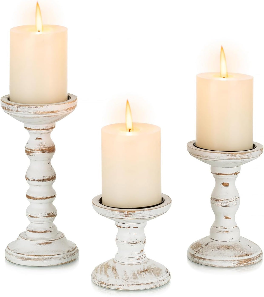 Wood Candle Holder for Pillar, White Farmhouse Fireplace Decor