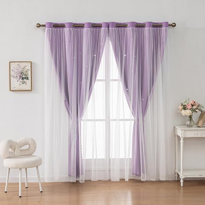 Ombre Rainbow Blackout Curtains for Kid Girls Bedroom Living Room Darking Stripe Double Layer Star Cut Out Wall Home Decor Gradient Grommet Window Curtains (Purple 63L)