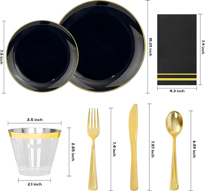 NOCCUR 350PCS Black and Gold Plastic Plates - Black Disposable Dinnerware Set for 50 Guests, 100 Dinner/Dessert Plates, 150 Gold Silverware, 50 Cups&50 Napkins for Party/Birthday/Halloween/NewYear