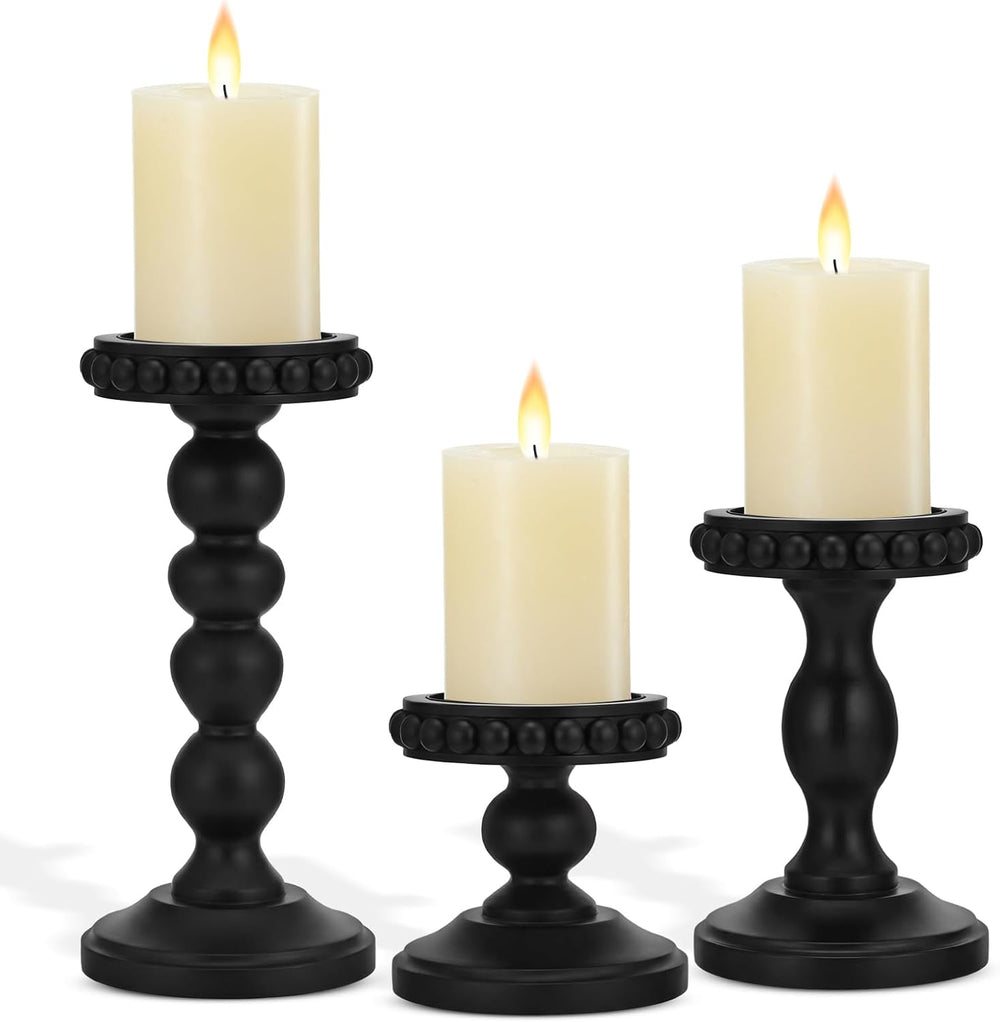 Mumufy 3 Set Wooden Candle Holders for Pillar Candles, Black, Small