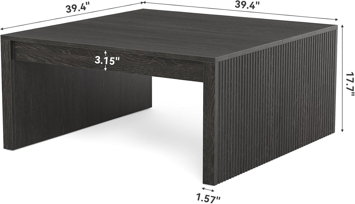 LITTLE TREE 39.4" Square Fluted Coffee Table, Mid-Century Modern Black Center Table for Living Room, Architectural Wood Cocktail Tea Tables, Contemporary Coffee Tables, Easy Assembly