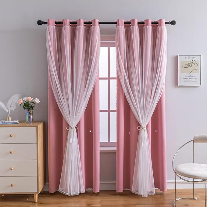 FANLI 2 Panels Star Blackout Curtains for Kid Girls Bedroom Living Room Darking Stripe Double Layer Star Cut Out Wall Home Decor Gradient Grommet Window Curtains (Pink 84L)
