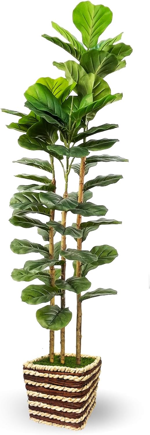 Artificial Fiddle Leaf Fig Tree Indoor with Woven Basket - 5ft Tall Fake Tree with Real-Wood Trunk,Faux Plants for Living Rooms, Offices, Kitchens & Outdoor Spaces (Square Basket)