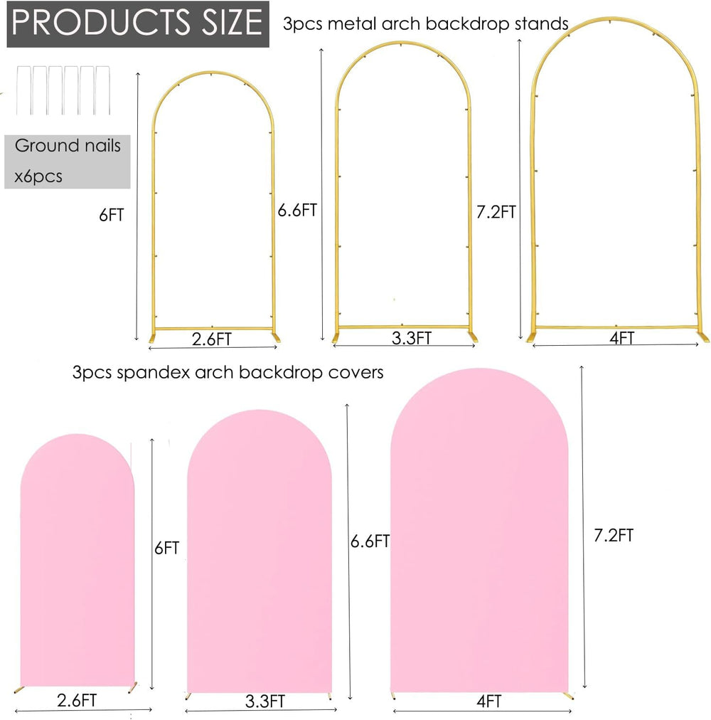 Set of 3 Metal Arch Backdrop Stands with Pink Covers, 6/6.6/7.2FT