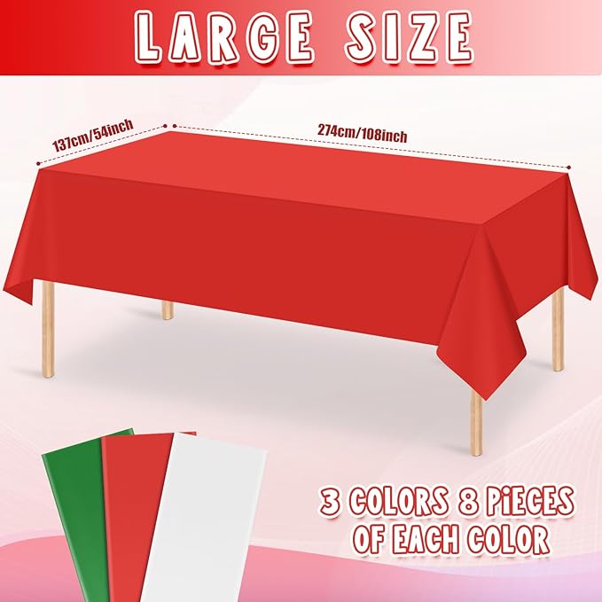 MASHAN 24 Pack Christmas Tablecloth Bulk, Red White Green Disposable Tablecloths, Rectangle Italy Theme Table Covers for Christmas Family Gathering Dining and Italian Party Decoration,54 x 108 Inch